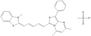 Molecular Structure of 115924-54-4 (Thiazolo[3,4-a]pyrimidin-5-ium,2,4-dimethyl-6-[5-(3-methyl-2(3H)-benzothiazolylidene)-1,3-pentadienyl]-8-phenyl-, methanesulfonate)